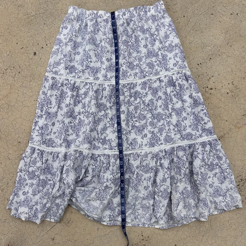 Womens Tiered Cottage Linen Maxi Skirt XL Blue Floral Prairie Garden Boho - Picture 7 of 7